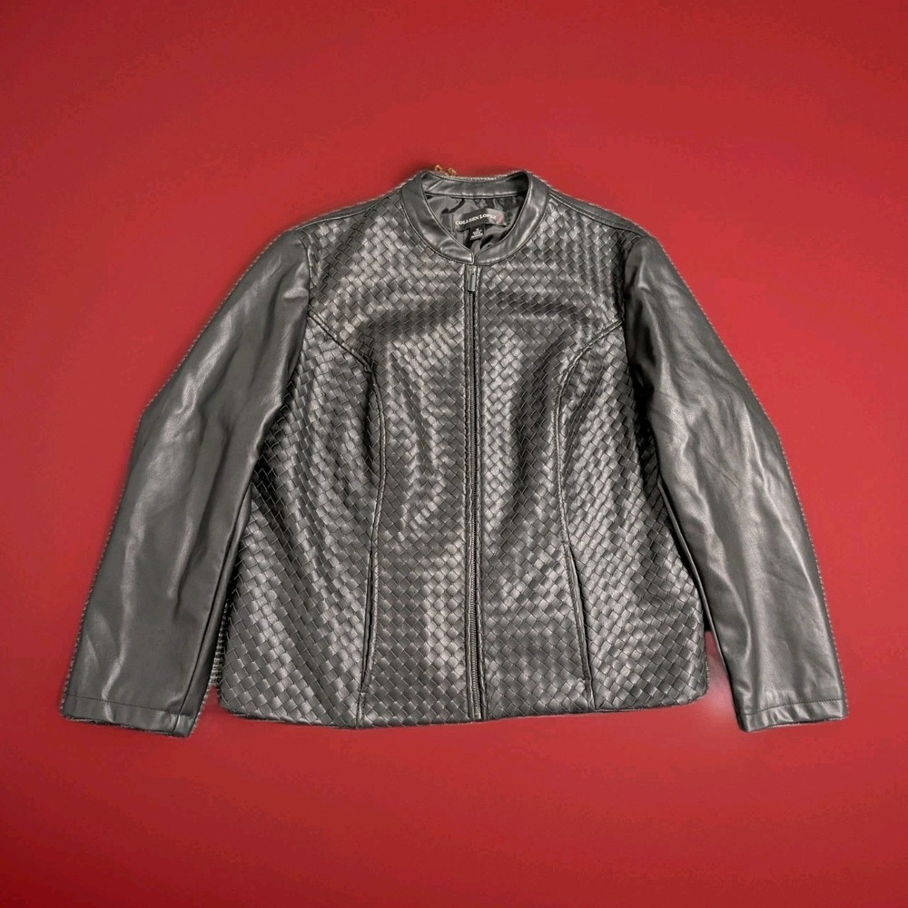 Colleen Lopez Black Vegan Leather Woven Fashion Jacket Full Zip Size 1X Women's